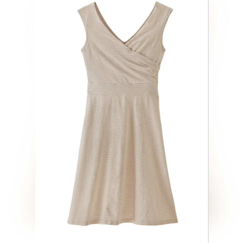 Patagonia Striped V-Neck A-Line Dress Tan White Womens Medium